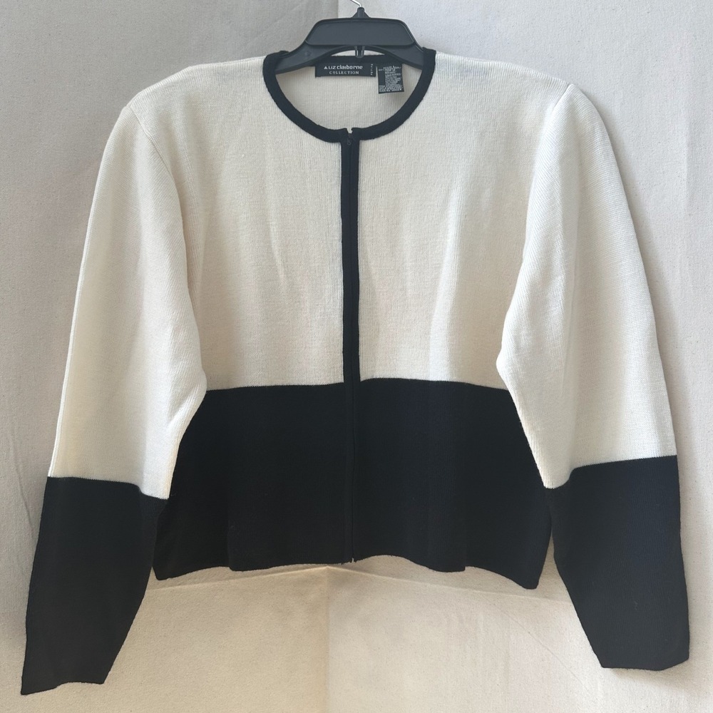 Vtg Liz Claiborne Old Money Merino Wool Colorblock Zip Cardigan Petite L READ